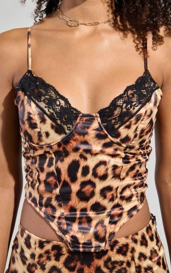 AKIRA Leopard Print Satin Lace Corset Cami Top Plunge Neck Size XL - Image 8