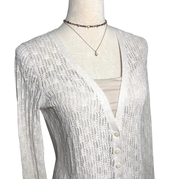 Moda International Y2K Cream Pointelle Open Knit V-Neck Cardigan Sweater - Image 4