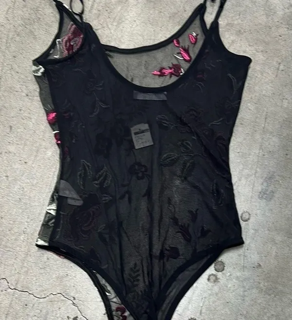 AZ Design floral embroidered black mesh thong bodysuit - Image 2