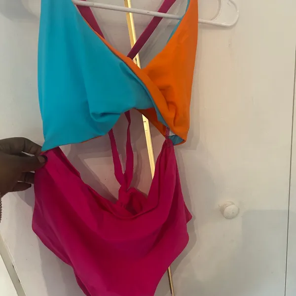 Colorblock One-Piece Swimsuit in Turquoise, Orange & Hot Pink - Image 3