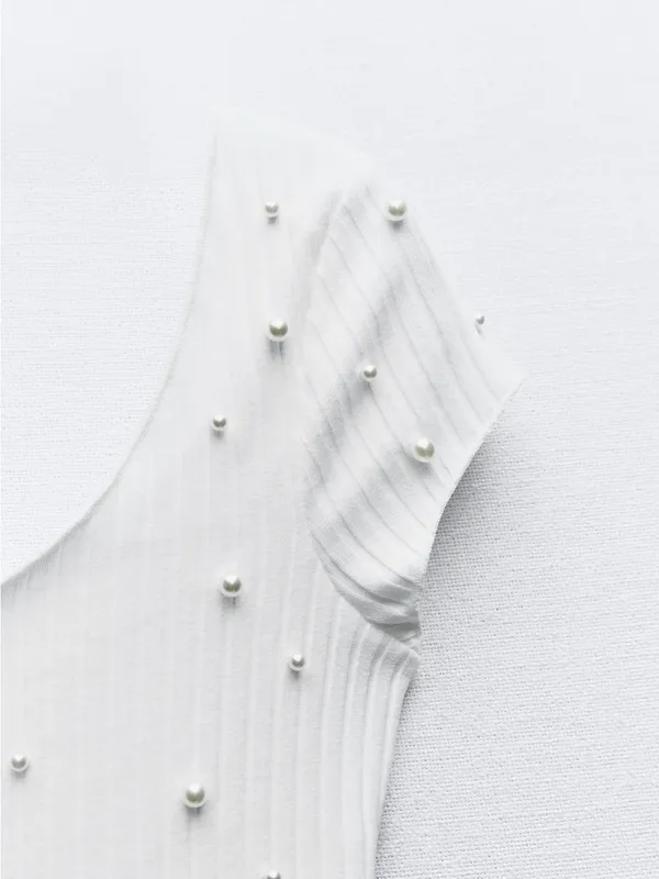 Zara NWT Pearl White Scoop Neck Ribbed Top Pearl Embellishments - Image 3