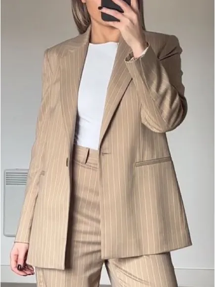 Zara Pinstripe Blazer Size Medium Women’s Tan Blogger Fav - Image 12