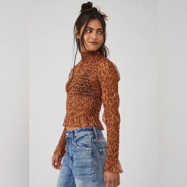 FREE PEOPLE Sheer Leopard Print Smocked Long Sleeve Top Mock‎ Neck Size XS New - Image 4