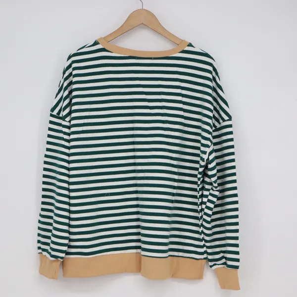 BTFBM Green White Striped Crewneck Sweatshirt Large Tan Trim - Image 5
