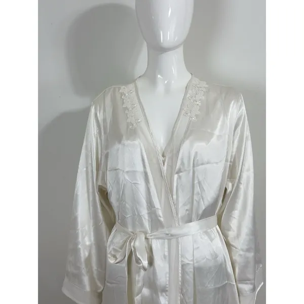 Oscar de la Renta Pink Label Women XL Satin Nightgown Long Robe Set Ivory Bridal - Image 12