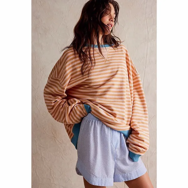 We The Free People Classic Stripe Crew Sweatshirt Oversized Yellow Size XL Boho‎ - Image 9