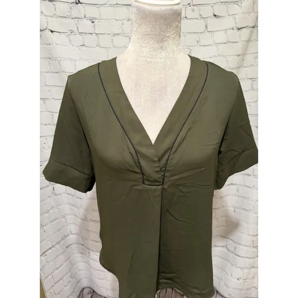 Ann Taylor Olive Green V-neck Tunic Pleated Front Short Sleeve Size Small - Image 2