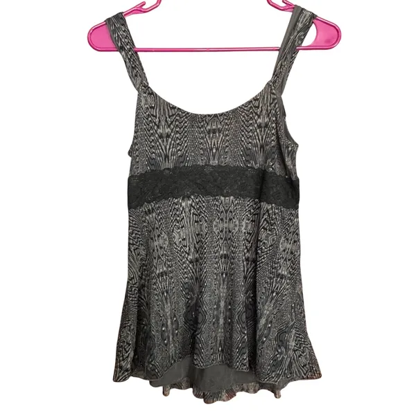 VTG Express Grey Black Abstract Mesh Lace Trim Babydoll Cami Top M Y2K Club Rave - Image 2