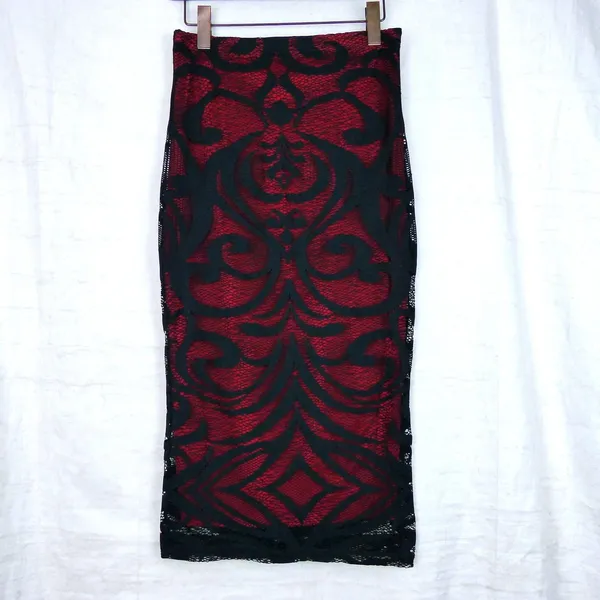 Bisou Bisou Michele Bohbot Pencil Skirt XS Red Black Lace Midi Gothic Vamp Y2K - Image 2