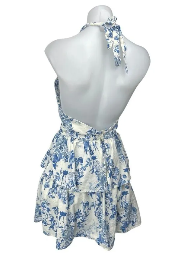 Olivaceous White Linen Floral Sleeveless Cami Halter Mini Fit & Flare Dress Sz L - Image 2