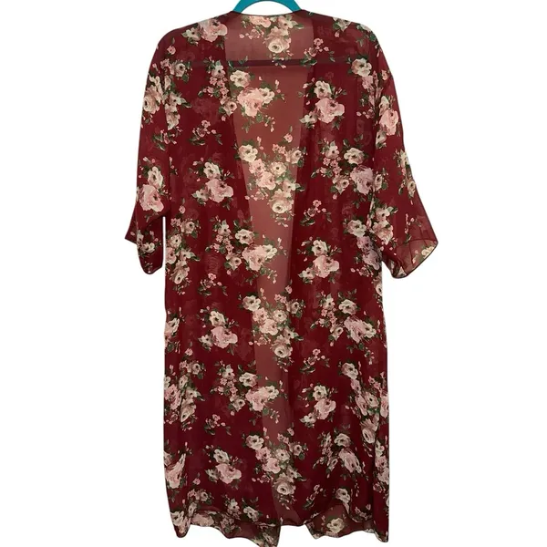 LulaRoe Shirley Medium Red Floral Sheer Duster Kimono‎ Open Front - Image 3