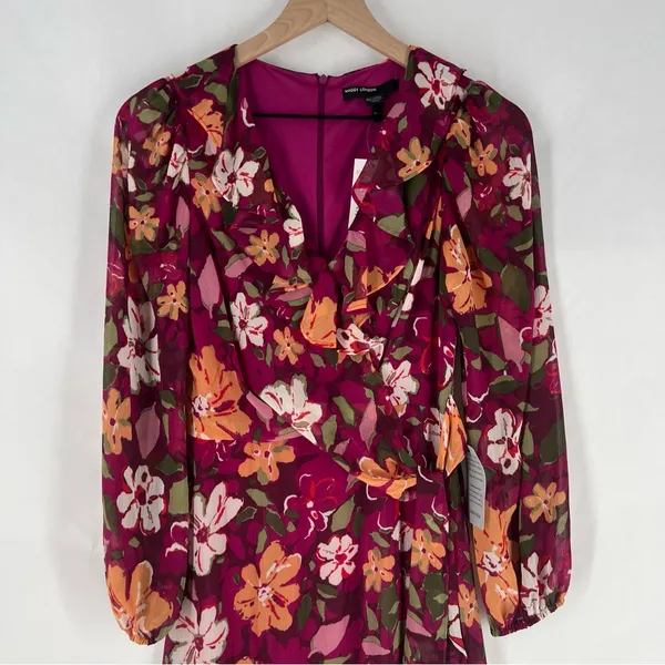 Maggy London Desert Bloom Floral Long‎ Sleeve A-line Dress In Wine Ruffle Trim 2 - Image 5