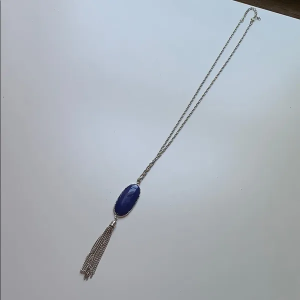 Boho Faux Lapis Long SilverChain Pendant Necklace - Image 2