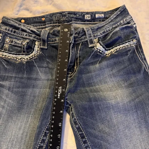 Miss Me Sz 28 STYLE XP 7035B RELAXED Boot Jeans Embellish Dark Blue Distress - Image 14