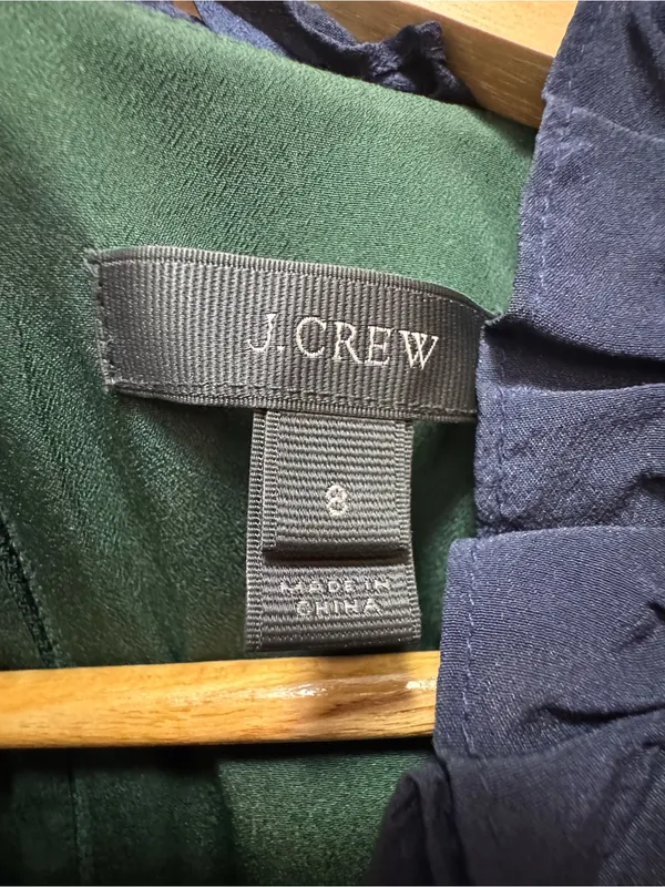 J.Crew Sleeveless Forest Green Shift Dress with Blue Ruffled Trim Size 8 - Image 8