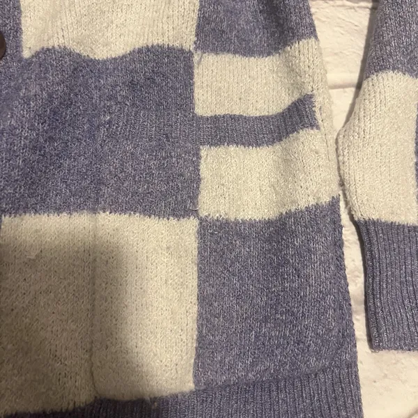 KORI Checkered Cardigan‎ Sweater Knit Button Up Cozy Blue White Small - Image 5
