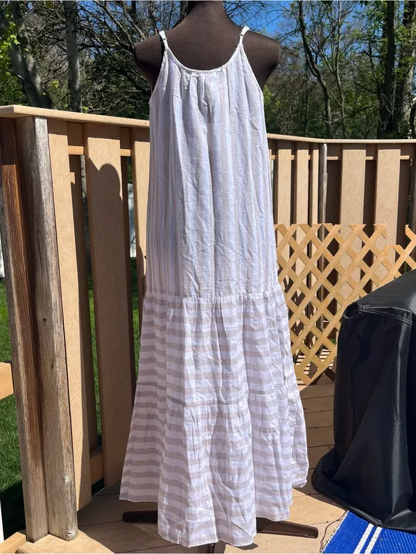 Beach Lunch Lounge Beige & White Striped Linen Blend Tiered Maxi Dress Sz S NEW - Image 5