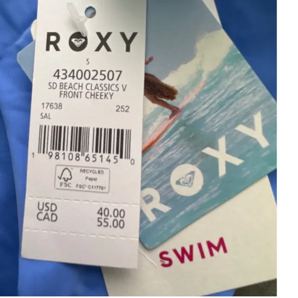 NWT Roxy V-Front Cheeky Bikini‎ Bottoms UPF 50 Swimwear Sail Blue - Small - Image 5