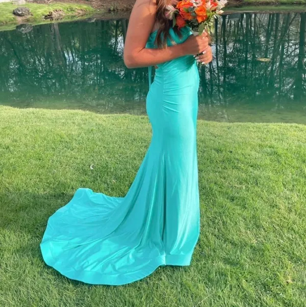 Teal prom dress with train Blue Size M - Image 2