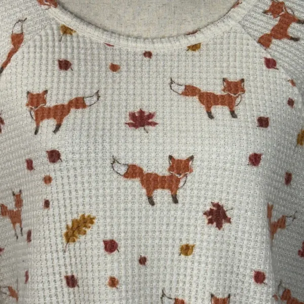 American Eagle X-Large Pajama Top Fox Print Waffle Knit Thermal Short Sleeve - Image 2