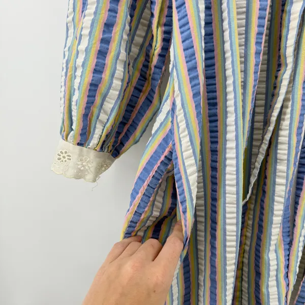 Vtg Saybury Striped Seersucker‎ Nightgown Mumu Women M Eyelet Collar Pastel Zip - Image 3