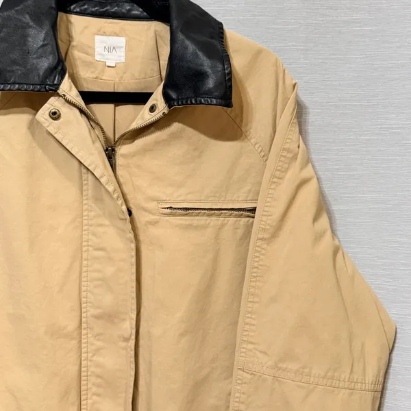 NIA Tan Cotton Canvas Barn Jacket Faux Leather Collar Zip Front NJ-2023-1 Small - Image 3
