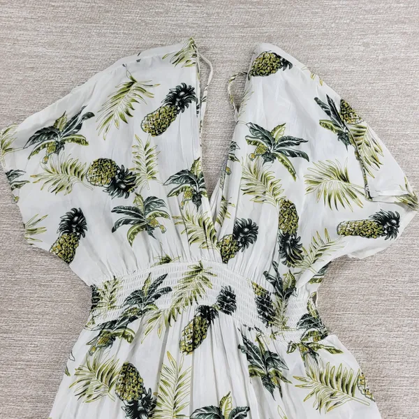 Blue Island Tropical Maxi Dress Sz L Pineapple Palm Print Rayon Tiered Open Back - Image 10