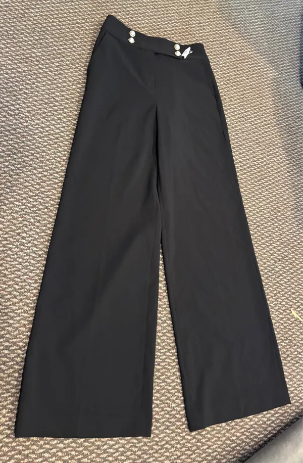 Calvin Klein Black Wide Leg Pants with pearl button detail - Image 3
