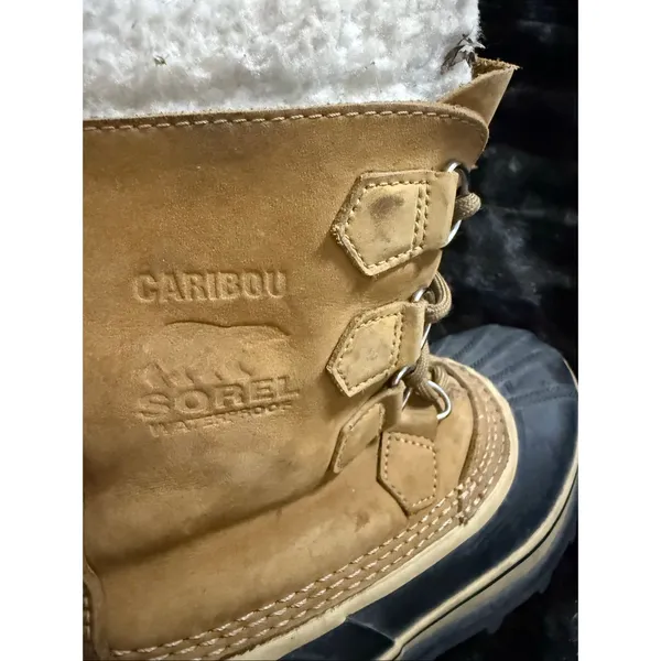 Sorel Womens Caribou Waterproof Snow Boots Buff Tan lace Up Size 7 Nubuck Rubber - Image 4
