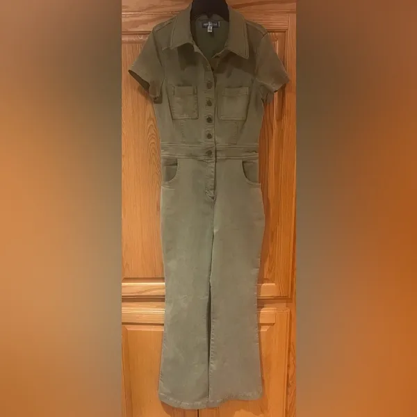 Urban Outfitters Emma Stretch Denim Flared Jumpsuit in Olive Green Size Small - Image 5