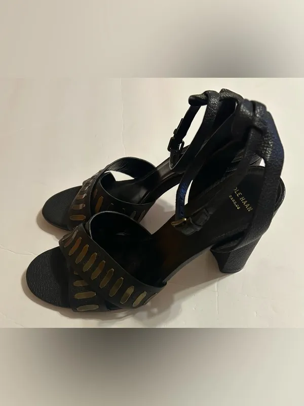 Cole Haan Black Leather Heeled Sandals with Gold Cutouts - Image 4