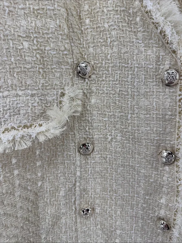 Trixxi cream bouclé tweed double breasted metallic mini blazer vest dress fringe - Image 8