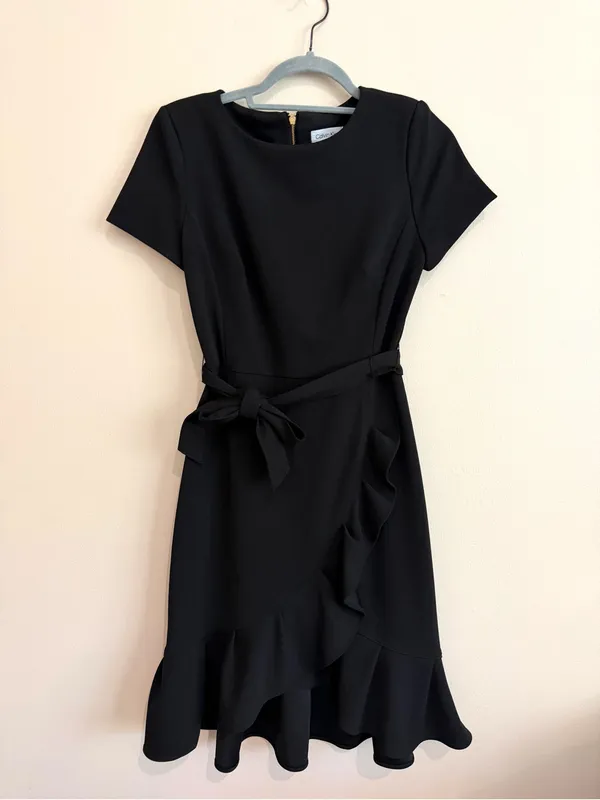 Calvin Klein Black Wrap Ruffle Tie-Waist Crepe Dress Size 4 - Image 4