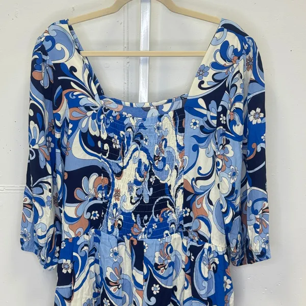NWT F&F Blue Swirl Paisley Square Neck Smocked Mini Dress Women's‎ US 18 Floral - Image 5