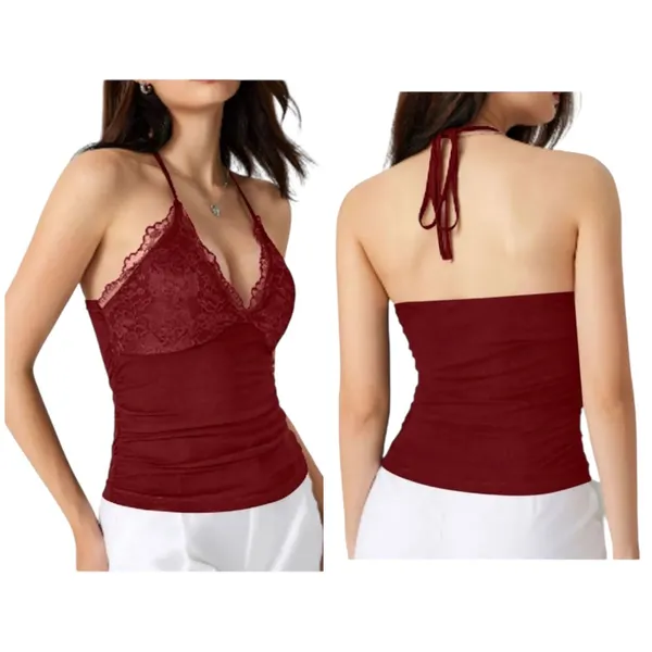 Romwe Whimsigoth Y2K Size S Top Contrast Lace Ruched Tie Back V-Neck Top Vest Red - Image 2
