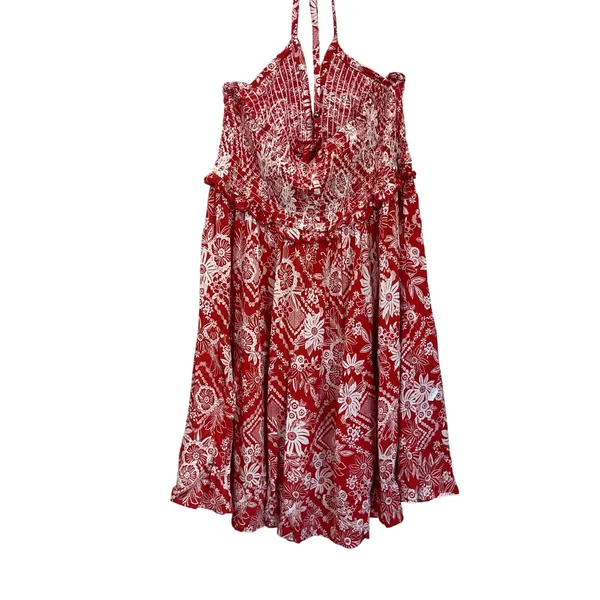 Angie Red White Floral Halter Dress M Smocked‎ Bodice Summer Boho Sundress Sz M - Image 3