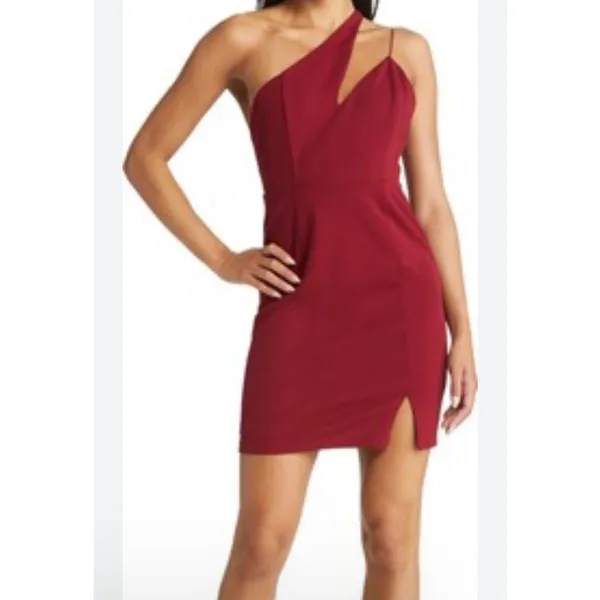 Lulus Burgundy One Shoulder Asymmetrical Mini Dress Side Slit S NWOT Cocktail - Image 2