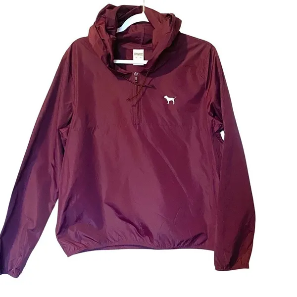 Victoria's Secret PINK Maroon/Burgundy Hooded Pullover Windbreaker Raincoat - Image 2