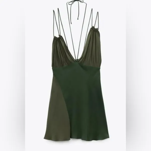 ZARA Green Patchwork Asymmetrical Mini Dress Cocktail Fairy Whimsy Boho Sz Medium NEW - Image 3