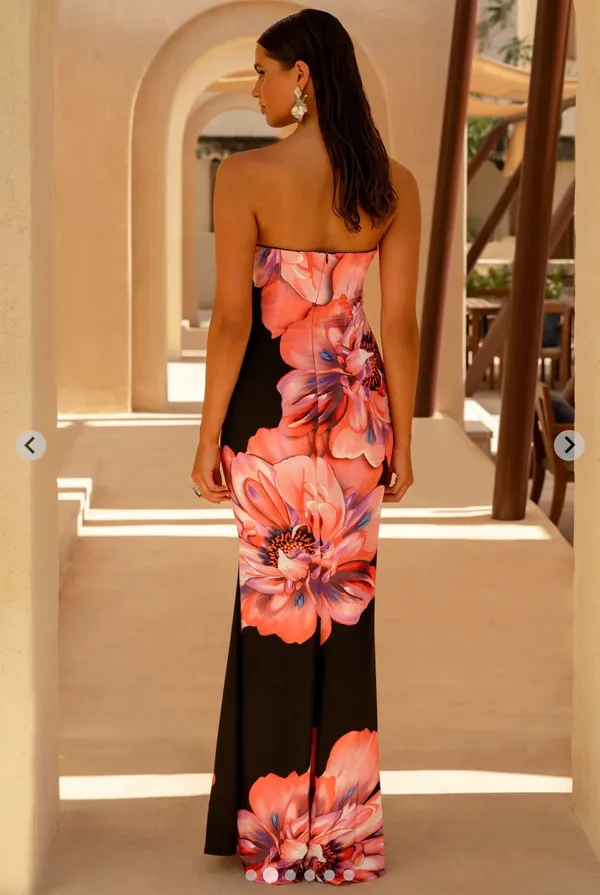 Club L Black & Pink Floral Print Bandeau Maxi Dress - Image 2