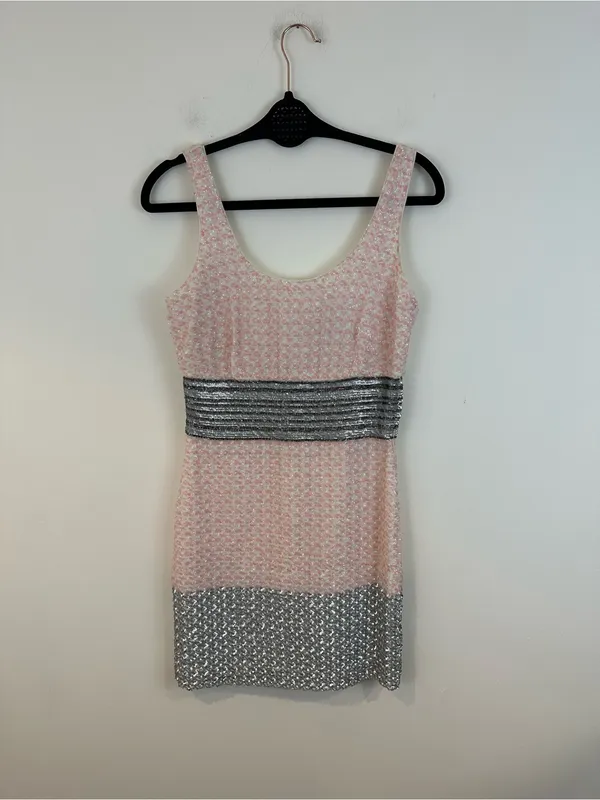 Belle Badgley Mischka $269 Beaded Sequined Dress Pink Silver Ivory Size 2 - Image 2