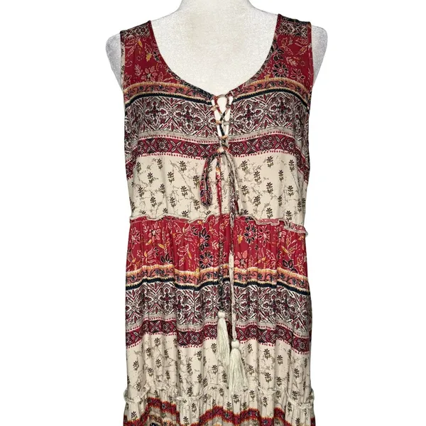 Beach Lunch Lounge Maxi Dress M Tiered Rust Tan Batik Sleeveless Hippie Boho - Image 4