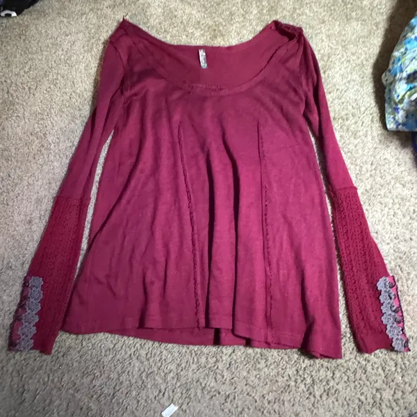 Free People Berry Wine Crochet Lace Trim Thermal Top Long Sleeve Women Medium - Image 2