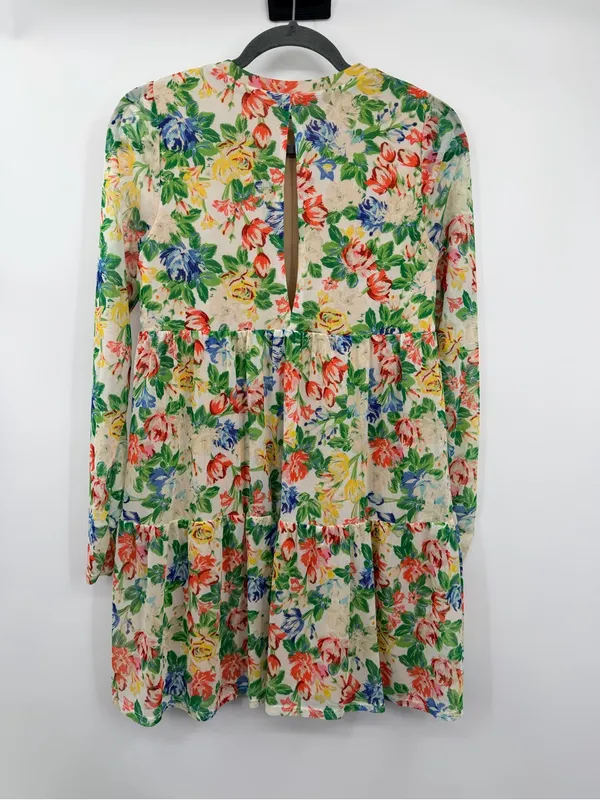 AFRM Floral Mesh Tiered Mini Dress‎ Small Long Sleeve Babydoll Multicolor - Image 4
