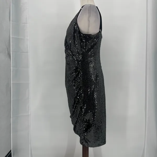 Grace Karin Silver Sequin Dress Sz L Mob Wife Holiday Clubwear Ruched Sparkly - Image 5