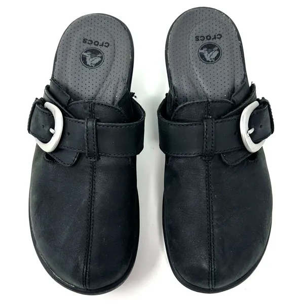 Crocs‎ Size 7 Slip On Clogs Black Style 15513 2.5 in Heel Silver Buckle Comfort - Image 8