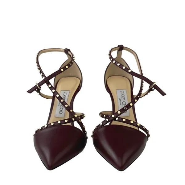 Jimmy Choo Tiff Burgundy Leather Studded Ankle Strap Stiletto Heels Sandals 5 - Image 2
