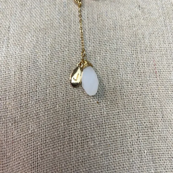 Bansri Gold Leaf Lariat Necklace White Teardrop Stone Charm Dainty Boho - Image 4