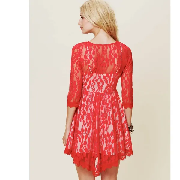 Free People Floral Mesh Lace Red Mini Dress Asymmetrical Hem 3/4 Sleeve 6 - Image 3