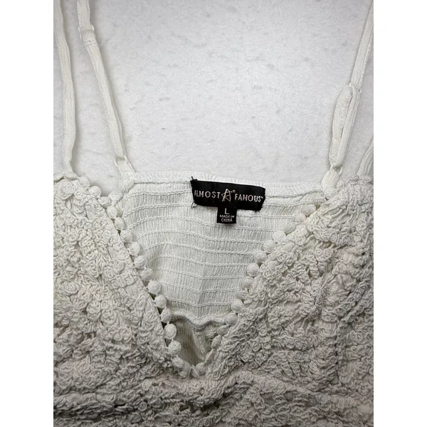 Almost Famous White Crochet Lace Boho Cami Top Sharkbite Hem Smocked Back Large - Image 3
